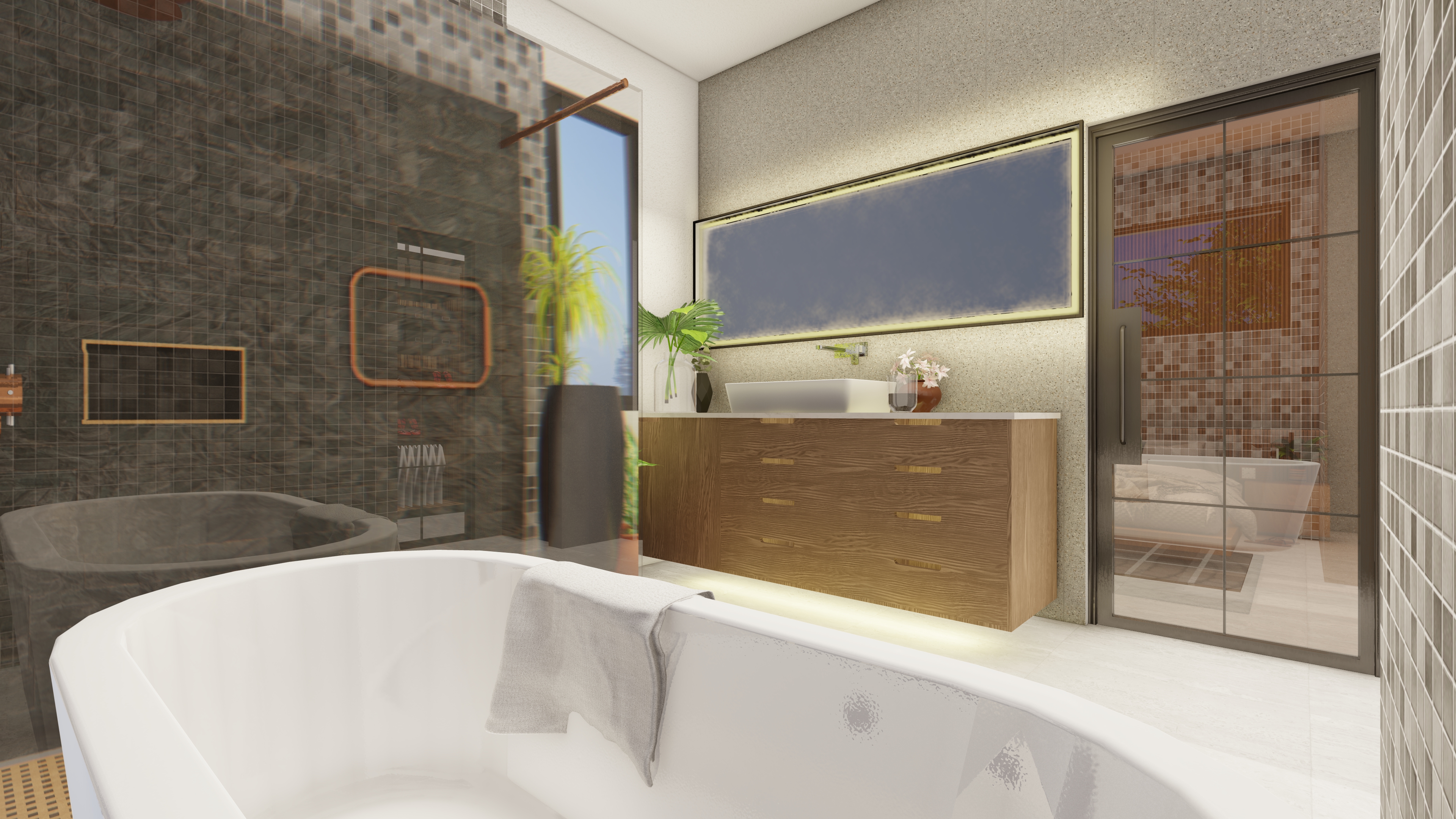 Luxury bathroom with freestanding tub and mosaic tile